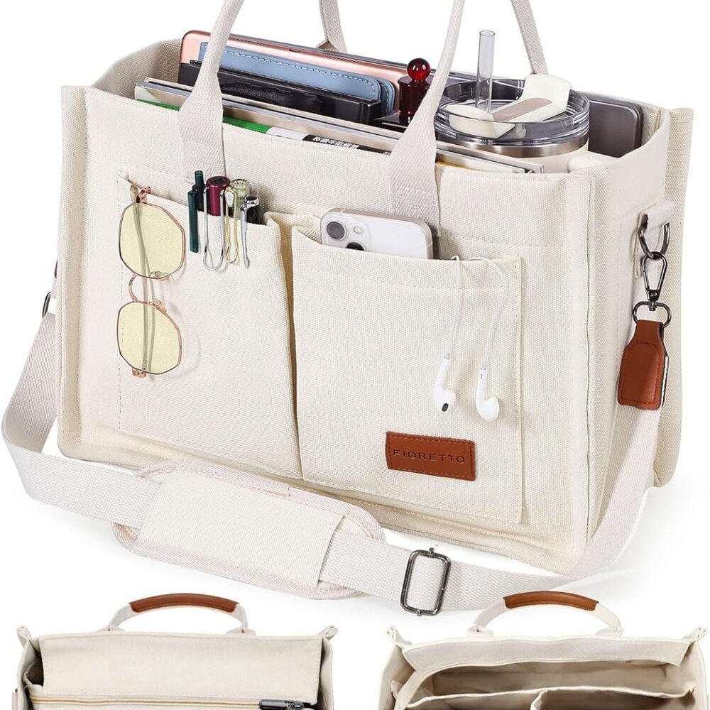 Canvas Tote Bag for Women with Zipper Closure & Individual Compartments for Work